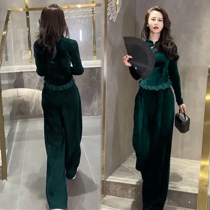 

Insozkdg Autumn High-end Retro Lady Korean Version Slimming Ruffled Edge Coat Improved Velvet Wide-leg Pants Two-piece Set Women