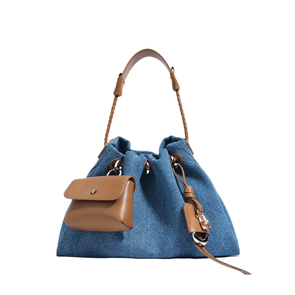 genuine-leather-women's-bag-denim-series-handbag-niche-design-tote-bag-high-end-fashion-shoulder-bag-simple-and-versatile-casual-bag
