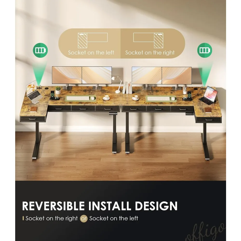 L Shaped Electric Standing Desk with Drawers, Height Adjustable Large Desk with Power Outlets, Sit Stand Table, Computer Desk