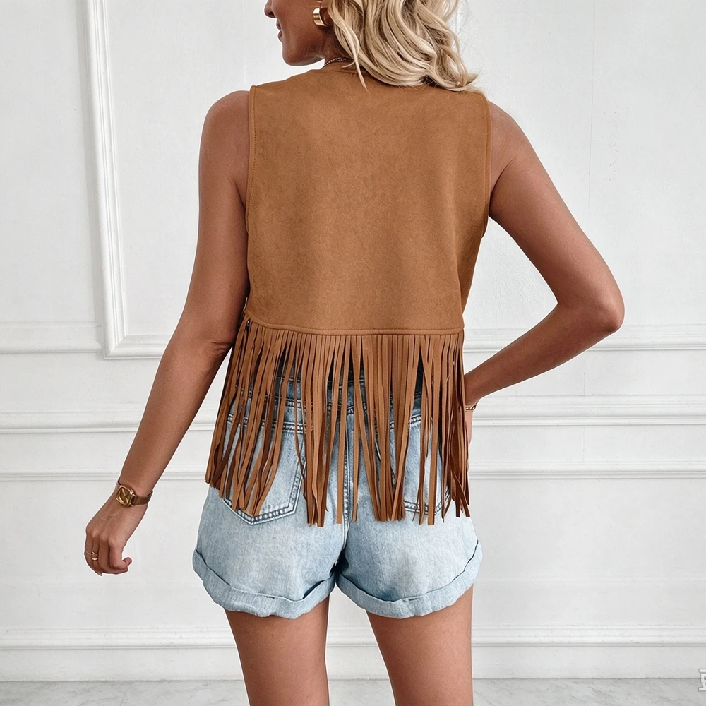 Women Western Cowgirl Sleeveless Faux Suede Fringe Rivet Vest Open Front Boho Country Concert Tassel Waistcoat