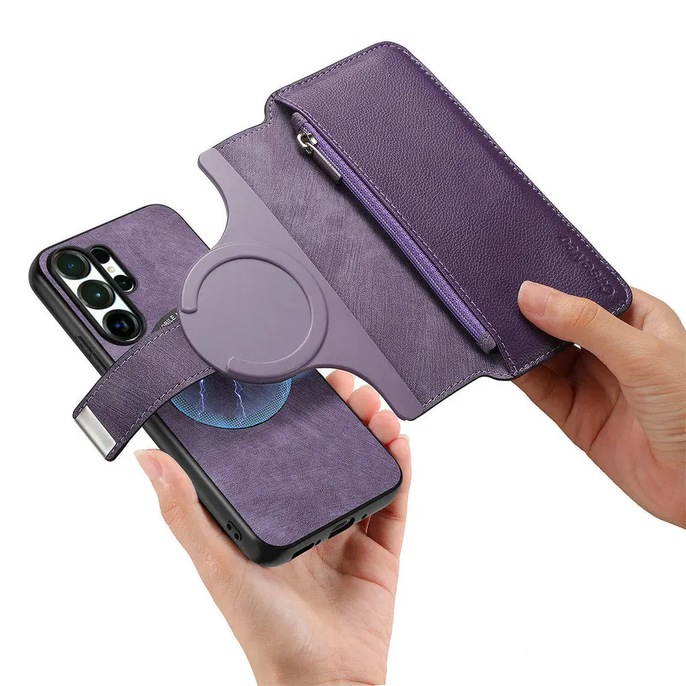 Etui Skórzane 2w1 z Zamkiem Błyskawicznym do Samsung Galaxy S26 Ultra Flip Case Funda Samsung S26 Plus S25 Edge S24 FE S23 22 S 26 Pro z Magnetycznym Zamknięciem