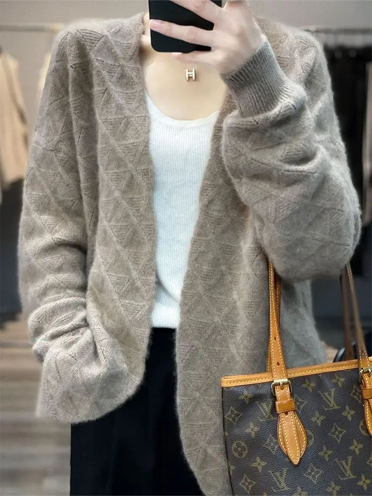 100% Pure Wool Women Sweater Autumn Spring New Diamond Pattern Cardigan Fashion Cashmere Casual Knitted Soft Jacket Tops