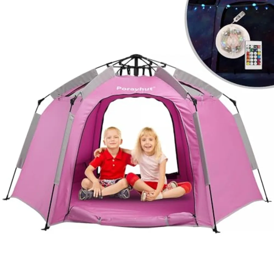 Portable hexagon kids play tent for indoor use, polyester fabric, navy blue with white trim, easy setup and LED strip lights fo