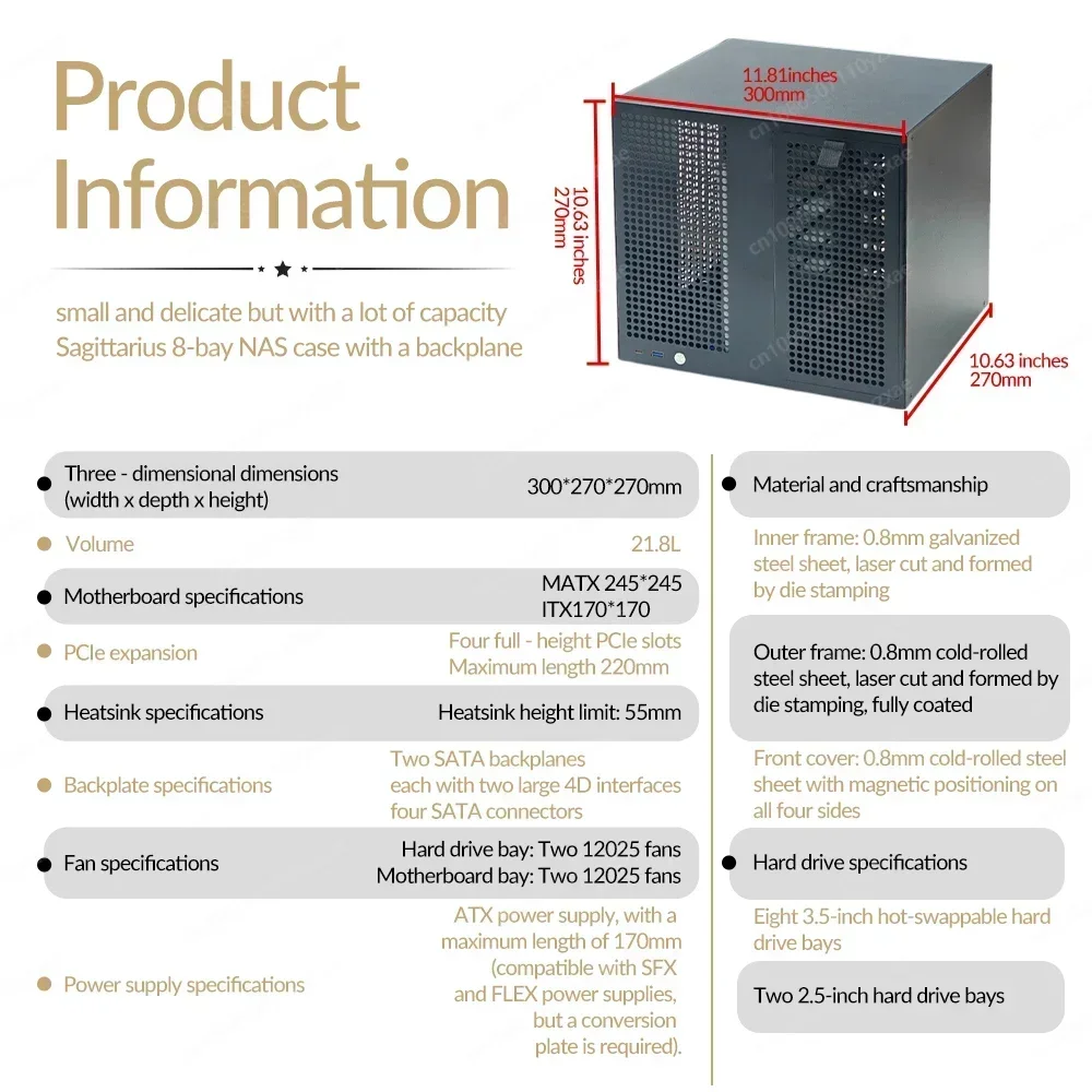 8-Bay  Tower Case with Backplane – Supports ATX PSU, MATX Board, Full-Height PCIe