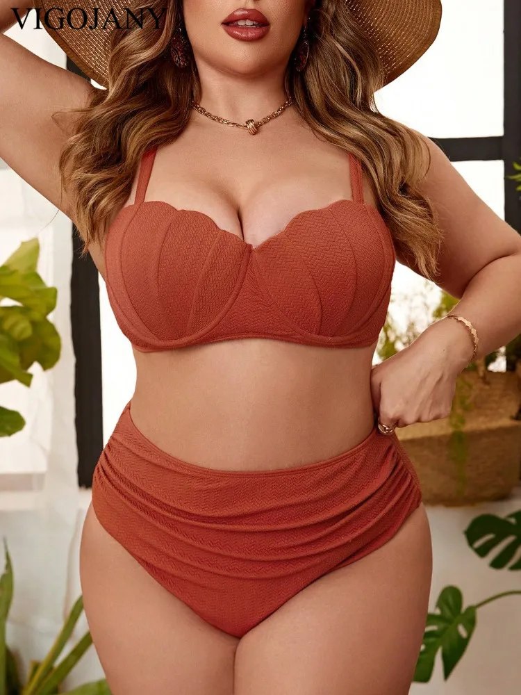 VigoJany 2025 Sexy Solid 2 Piece Plus Size Bikini Set Women Strapped Push Up Large Big Swimsuit High Waist Chubby Strój kąpielowy