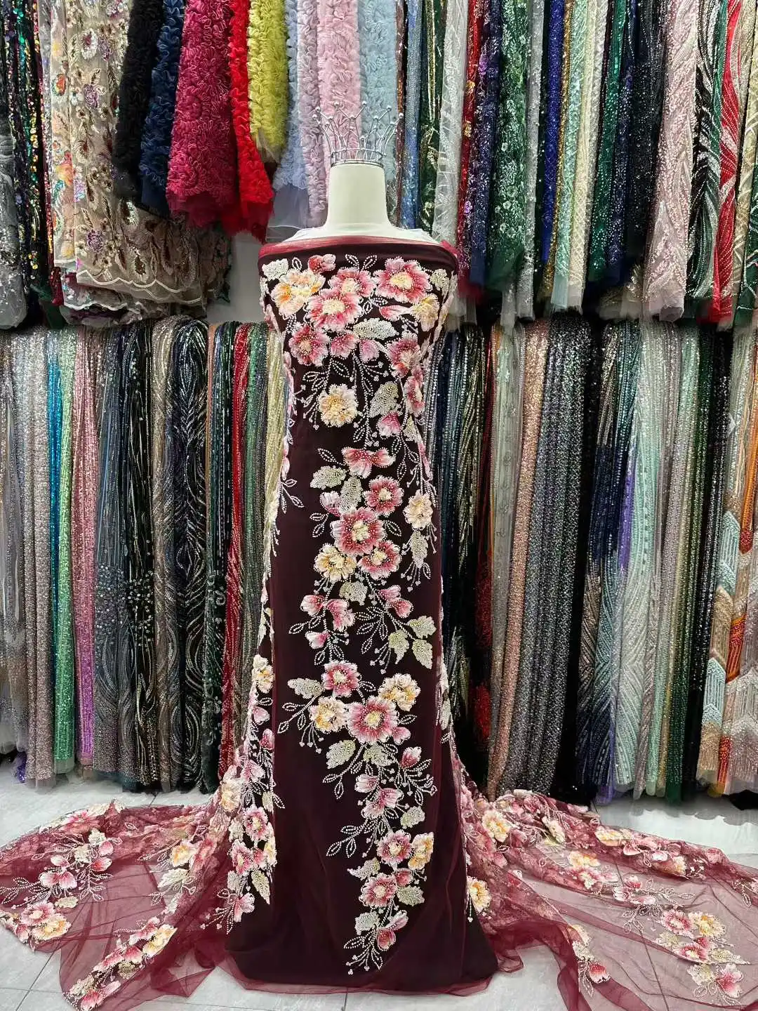 2026Wedding Dress Lace Fabric -Mixed colors Embroidered Tulle Soft Mesh Chiffon with Pearls for Evening Gown NN5918_R