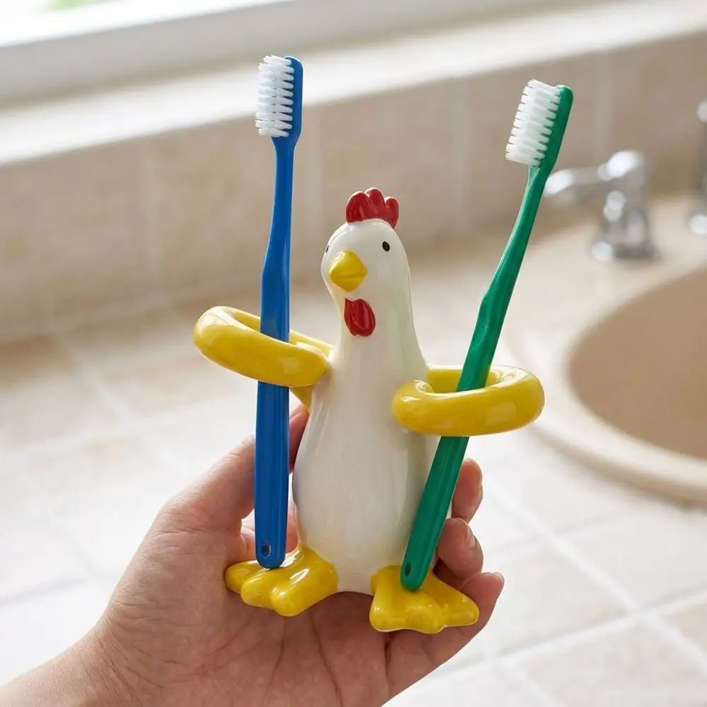 Chicken Shaped Electric Toothbrush Holder 2 Slot Non Slip Toothpaste Toothbrush Rack Ceramic Space-Saving Makeup Brush Shelf
