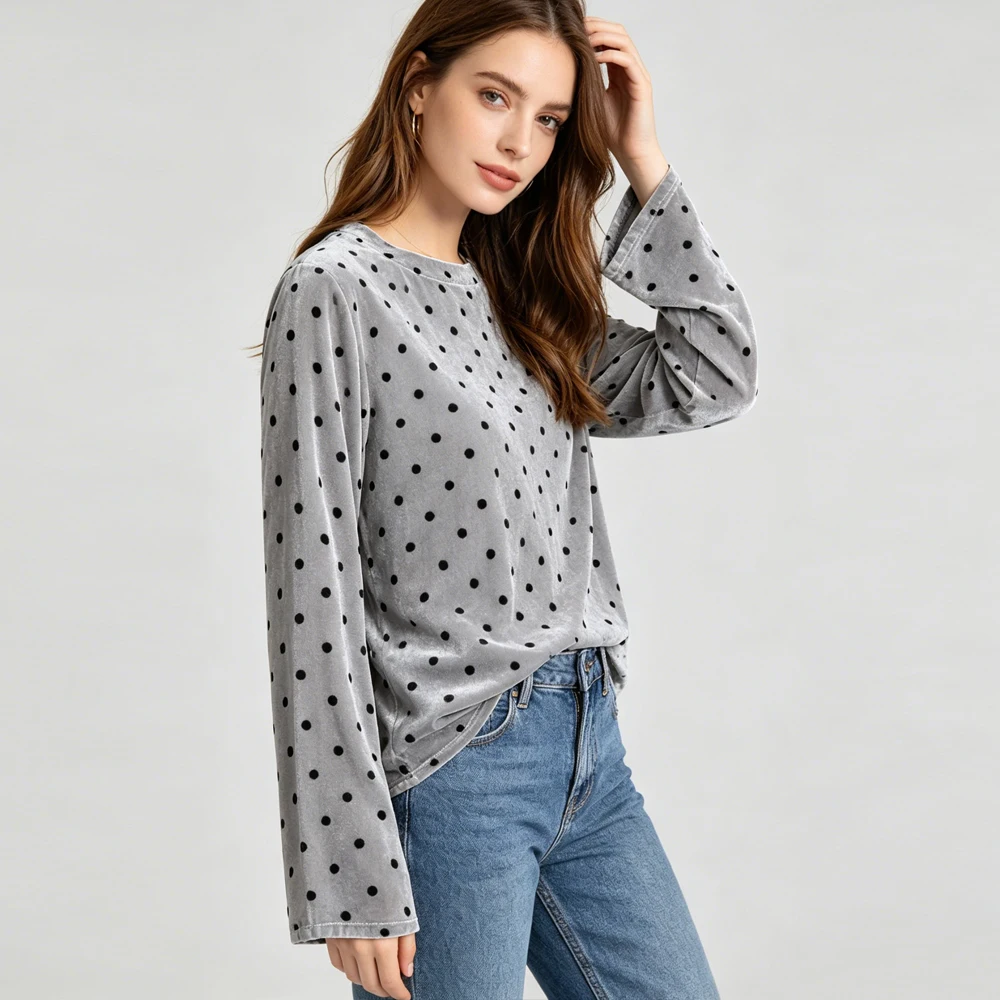Autumn New Advanced Gray Polka Dot 30% Natural Mulberry Silk Velvet Simple Round Neck Long Sleeved Loose Luxury Women's T-shirt