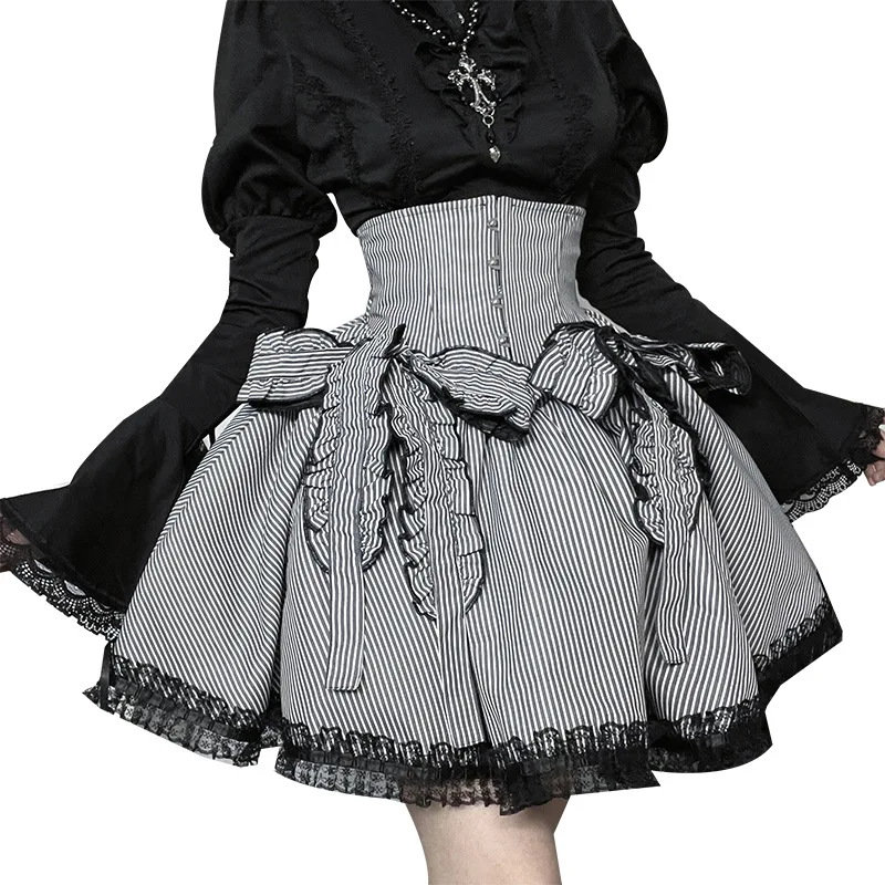 

Новинка 202, Harajuku, винтажная полосатая юбка с высокой талией Y2K, женские милые кружевные лоскутные мини-юбки с бантом на Хэллоуин, панк, Лолита, готические мини-юбки