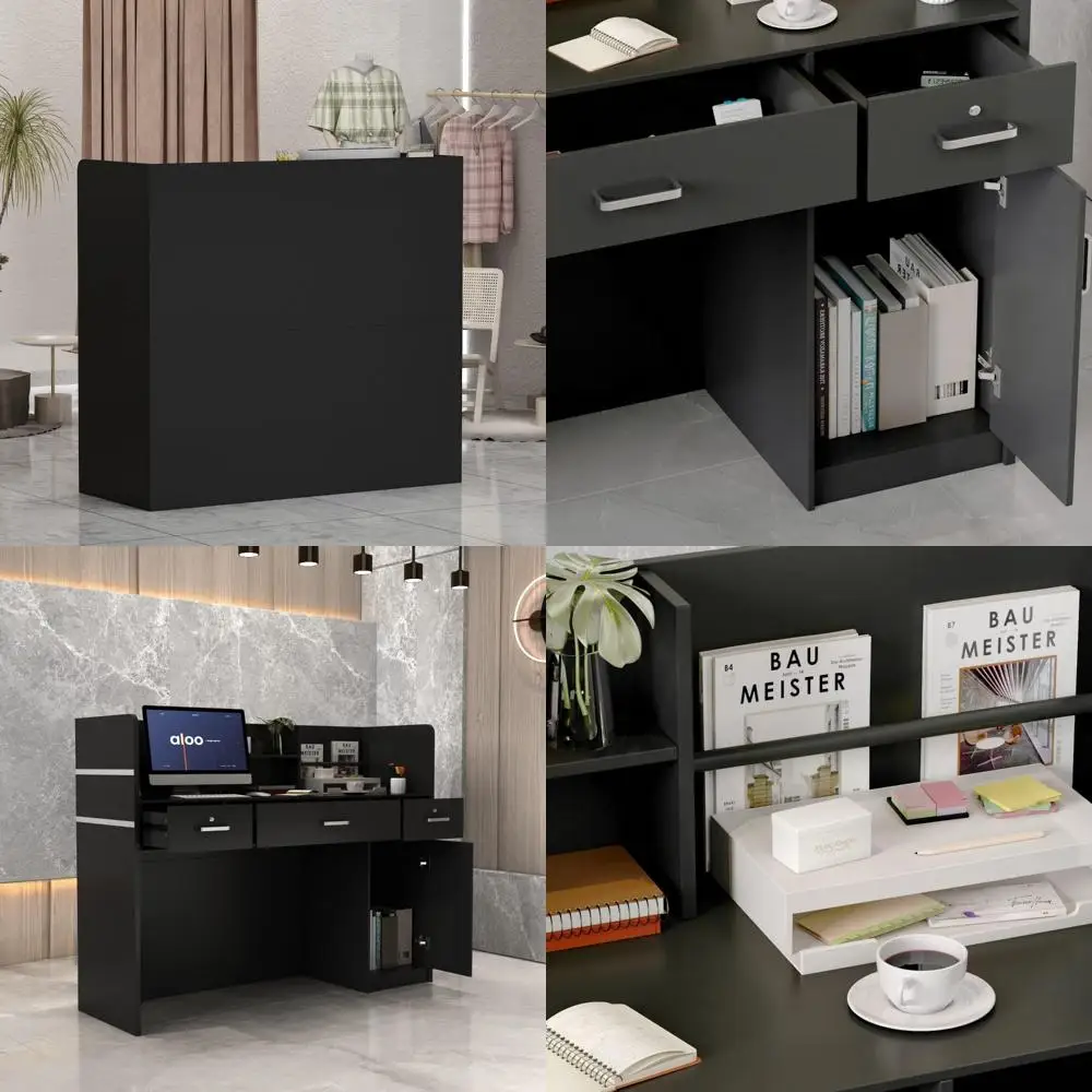 Salon Reception Desk with Drawers and Storage Shelves, Table with Privacy Panels, Black