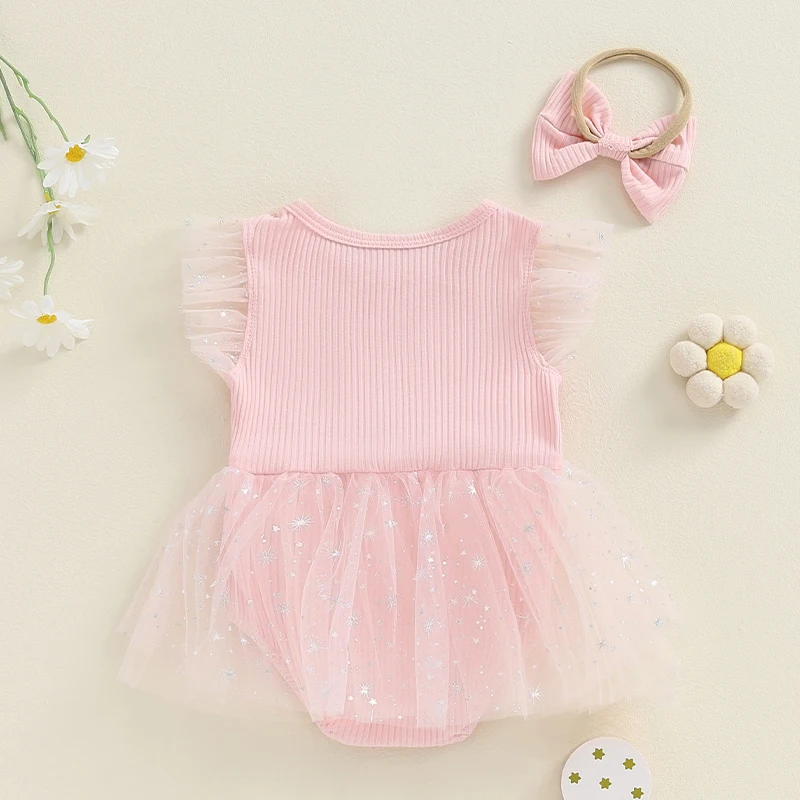 Suefunskry Baby Girl 2Pcs Summer Outfits Glitter Print Fly Sleeve Romper Tulle Dress with Headband Set