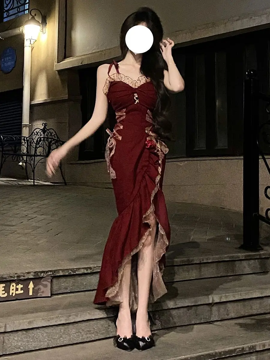 Autumn-Winter New Arrival: Vintage, Pure-Desire Spliced Wine Red Suspender Dress - Spicy Girl Style, Bodycon, Sexy with a Slit