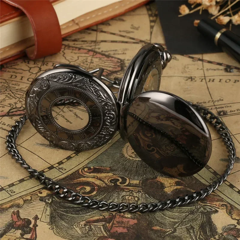 Retro Men Women Handwinding Mechanical Pocket Watch Luxury Skeleton Necklace Pendant Chain Clock Double Hunter Watches Gifts