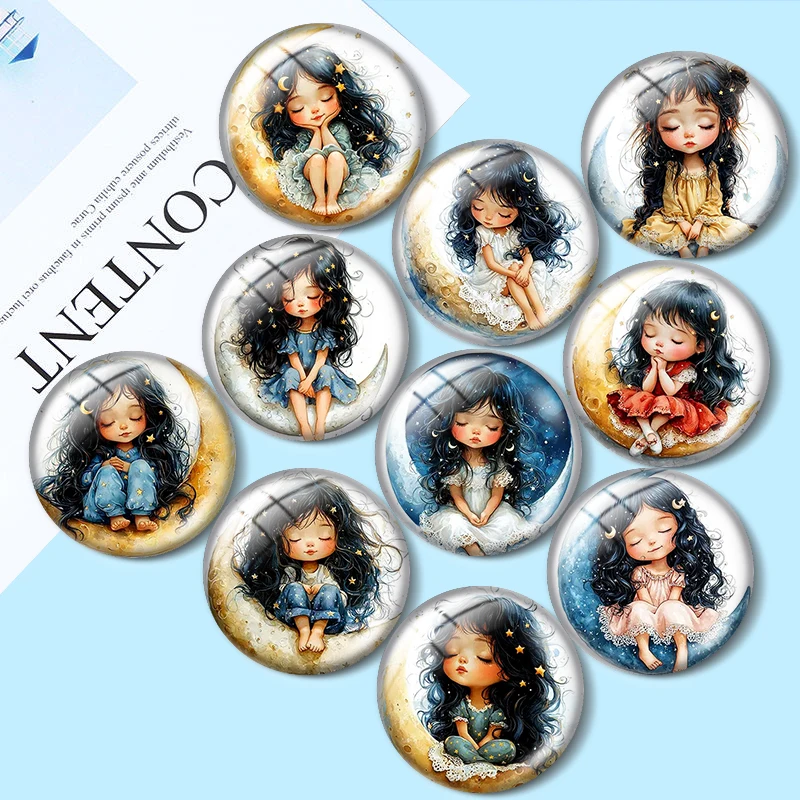 

Watercolor Girl on the Moon 10pcs 12mm/18mm/20mm/25mm Round Photo glass cabochon demo flat back Making findings