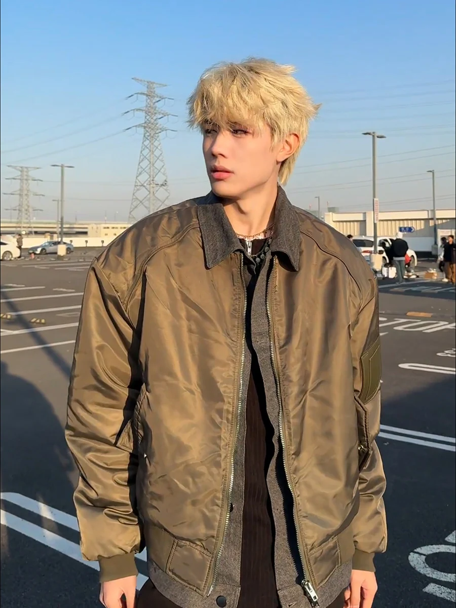 

Thiened Cotton Flight Jaet in Military een for Men Winter Warm Baseball Sle Zipper Closure Long Sve Casual Coat