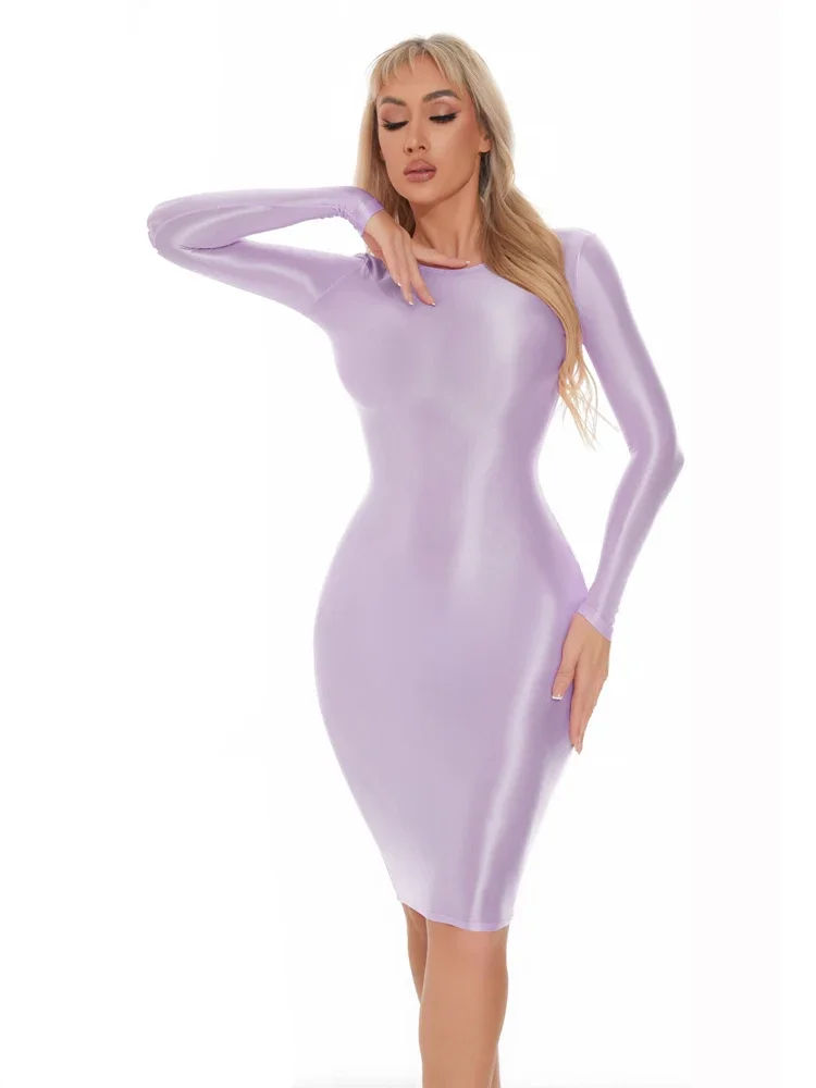 Long Sleeve Women's Bodycon Dresses Round Neck Oil Shiny Wrap Hip Pencil Dress High Elastic Professional Women Clothing Uniforms