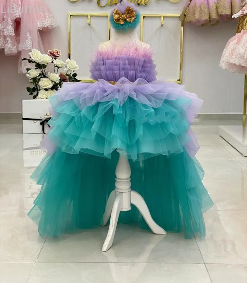 กระโปรงพลีทเอวสูง Tutu สีเทอร์ควอยซ์สีม่วงอ่อนสำหรับงานเลี้ยงวันเกิดของเด็กทารกชุดเดรสผู้หญิงลายดอกไม้งานแฮนด์เมดสำหรับโอกาสพิเศษแบบพองยาว