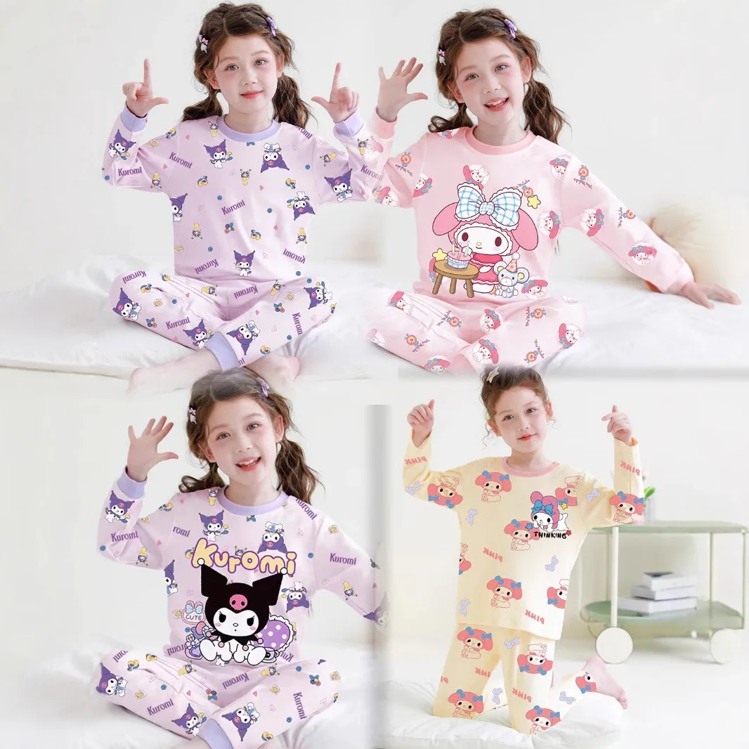 2Pcs Kuromi Warm Home Clothes for Children Anime Sanrios Kawaii Cotton Round Neck Pullover Long Sleeves T-Shirt Pants Pajamas