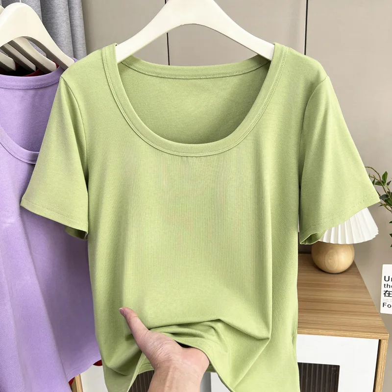 

Летний топ больших размеров 100 кг, новые повседневные базовые футболки с U-образным воротником, однотонная футболка с короткими рукавами 018