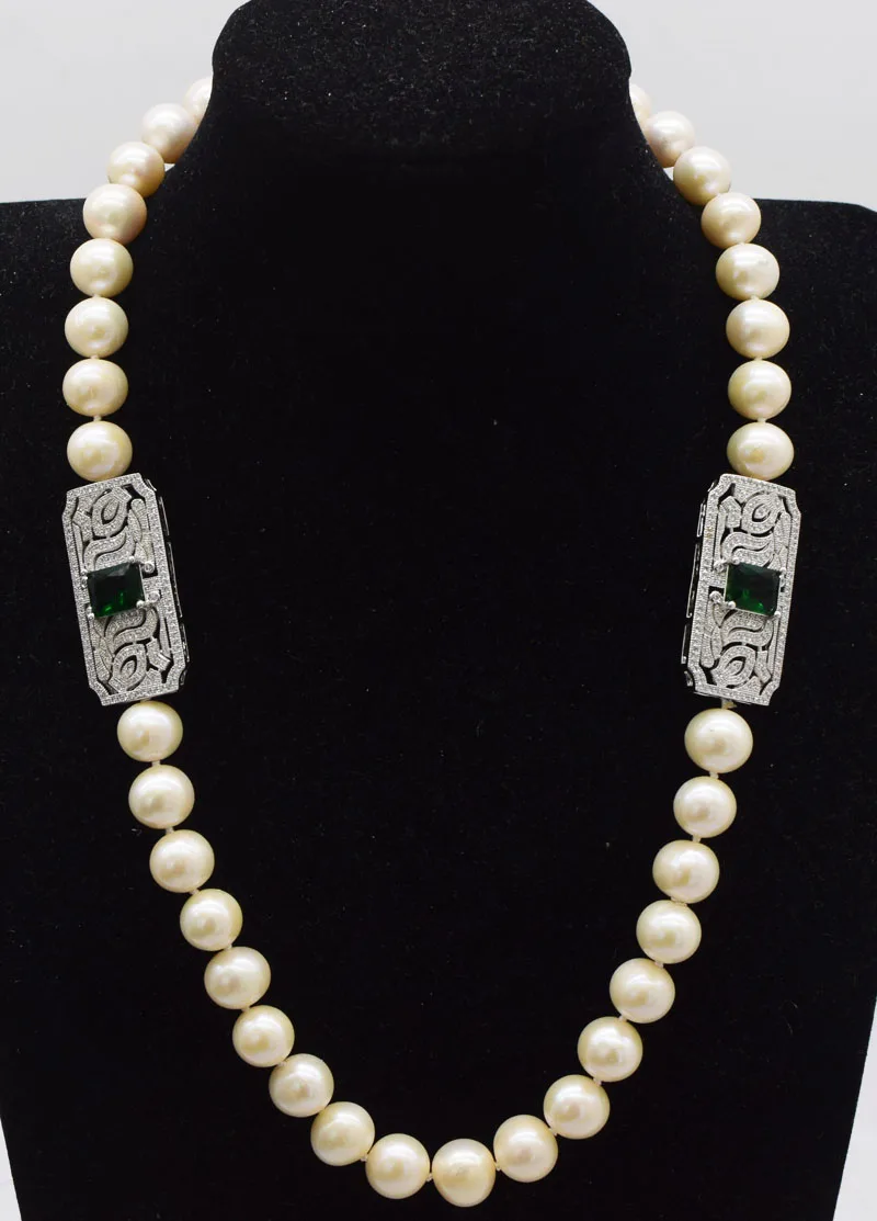 

freshwater pearl white round AA 10-11mm and green zircon necklace wholesale 21inch nature beads gift