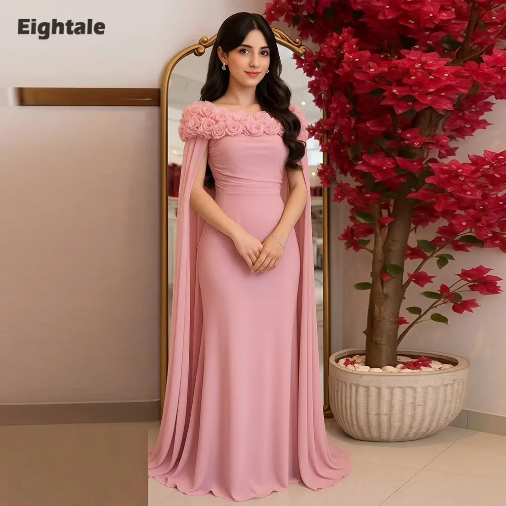 

Eightale Arabic Evening Dresses Strapless 3D Flowers Customized Cap Sleeves Mermaid Chiffon Pink Prom Wedding Party Gown