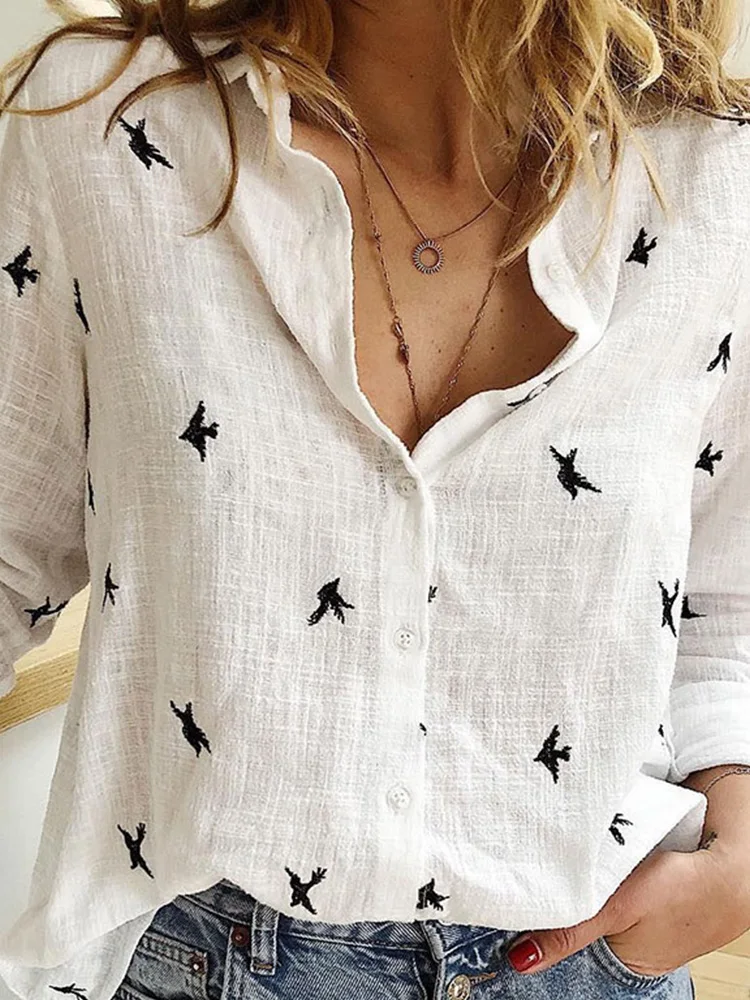 

Women's Birds Print Shirts 35% Cotton Long Sleeve Female Tops 2024 Spring Summer Loose Casual Office Ladies Shirt