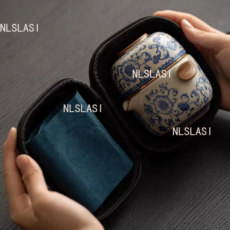 1 Pot 3 Cups Ru Kiln Tea Set Outdoor Travel Ceramic Portable Tea Set Chinese Style Hand Held Teapot Tea Tasting Cup Teaware Sets