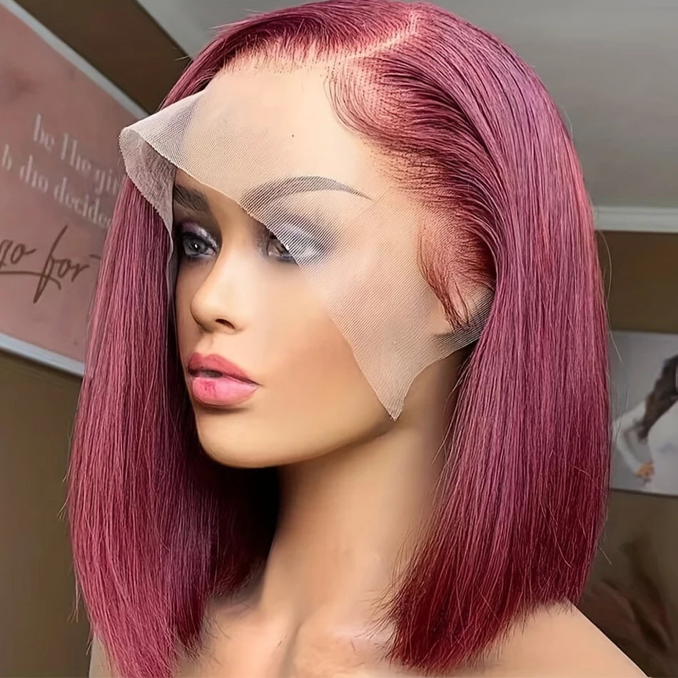 Perruque Bob Lace Front Wig Naturelle Lisse Bordeaux, Cheveux Courts, Vin Rouge, 99J, 13x4, avec Baby Hair, Densité 150%