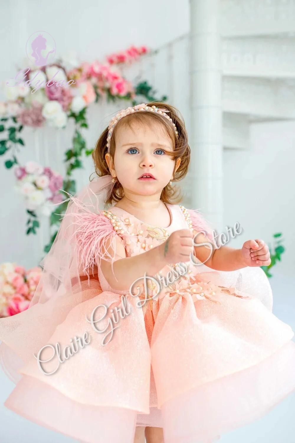 Pink Applique Flower Girl Dress For Wedding Baby Knee Length Puffy With Bow Pageant Birthday Party First Communion Ball Gowns