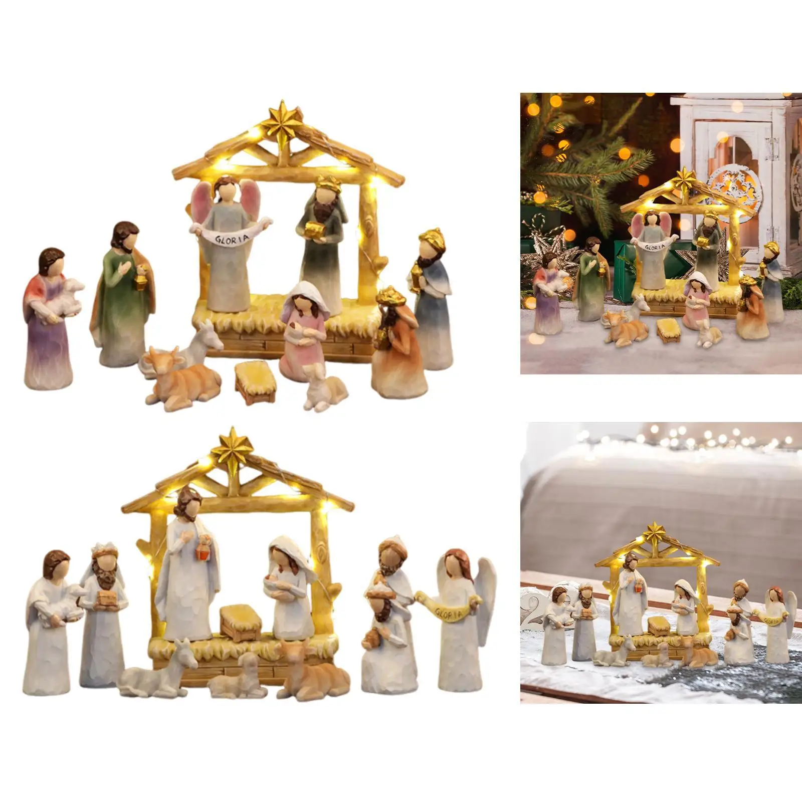 Christmas Nativity Figurines with LED Lights Gift Collection Sculptures Centerpiece Mini Nativity Scene Set for Holiday Xmas