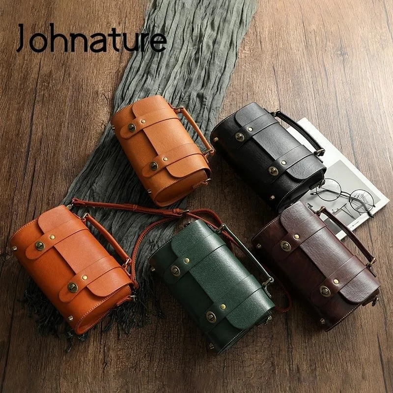 Johnature 2024 Autumn New Vintage Women Messenger Bag Real Cow Leather Handbag Handmade Leisure Solid Color Shoulder Bags