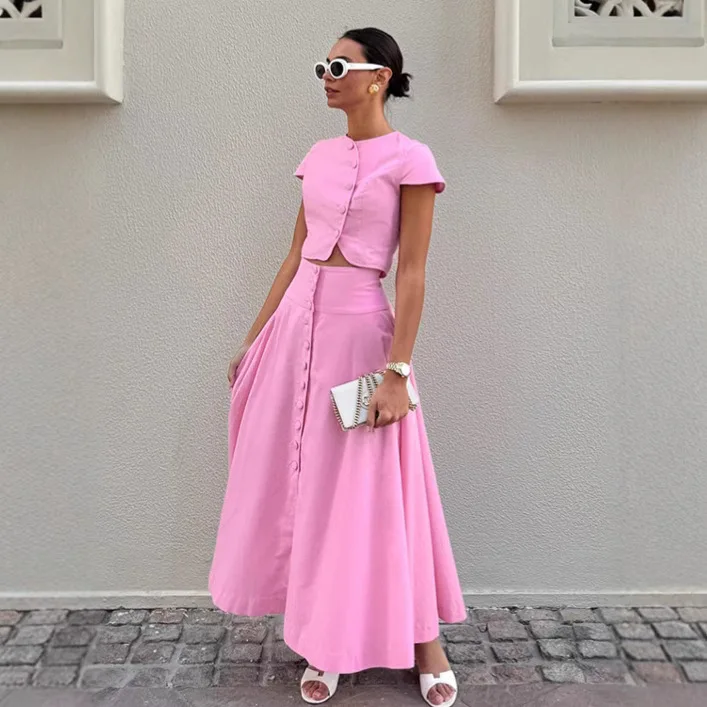

Summer Elegant A-line Long Skirt Set for Women's Ins Small Fragrant Style Pink Shirt and Skirt Two Piece Set