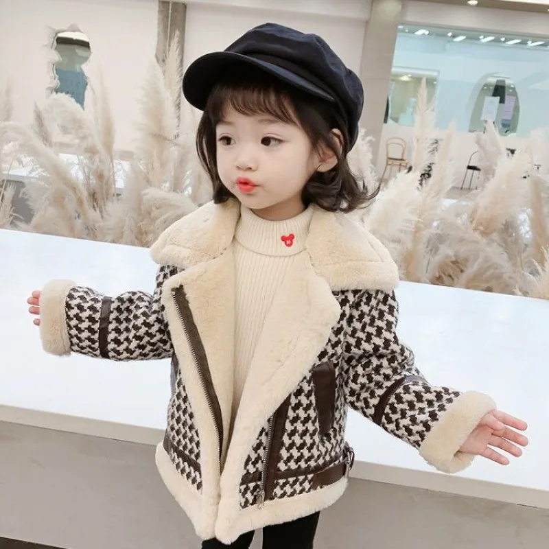 Girls' Fleece Lined Winter Coat 2025 Korean Style Houndstooth Check Jacket Coat Trendy Knit Sweater for Kids 3-12 Years