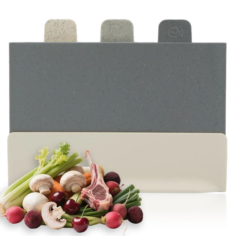 

4 Piece Plastic Cutting Board Set with Stand, Chopping Board Non-Slip,Dishwasher Safe, Lightweight for Kitchen, Meat, Vegetables