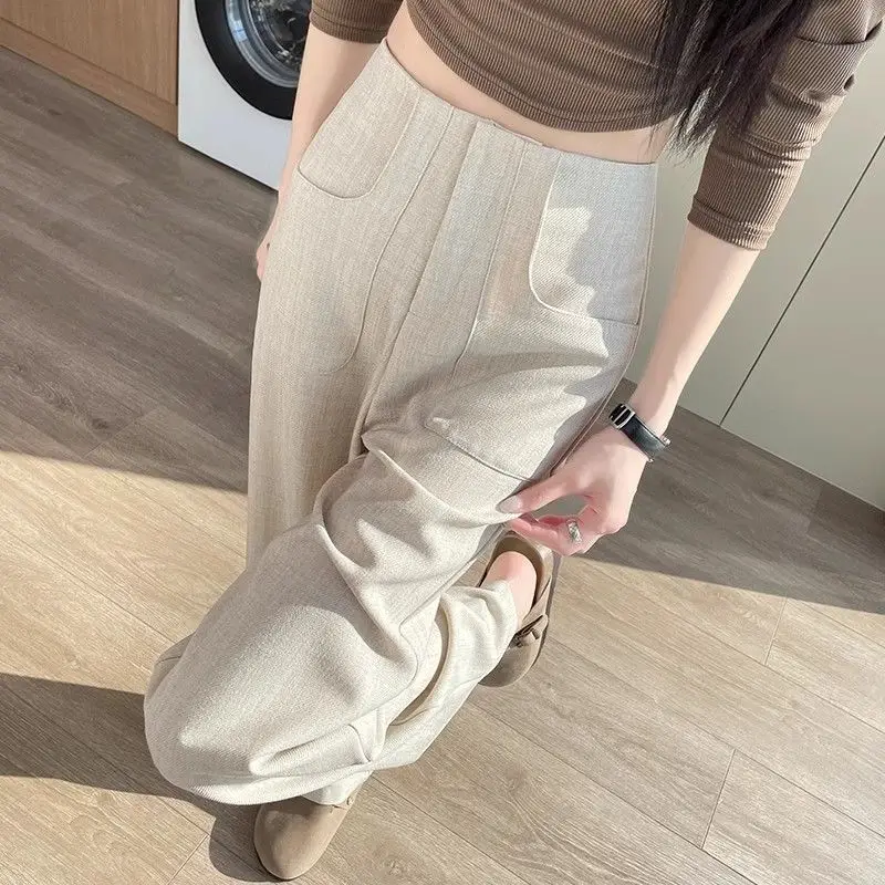 Beige Wide Leg Pants For Women In Summer, Thin, High Waisted, Hanging Straight Leg, Floor Length Pants