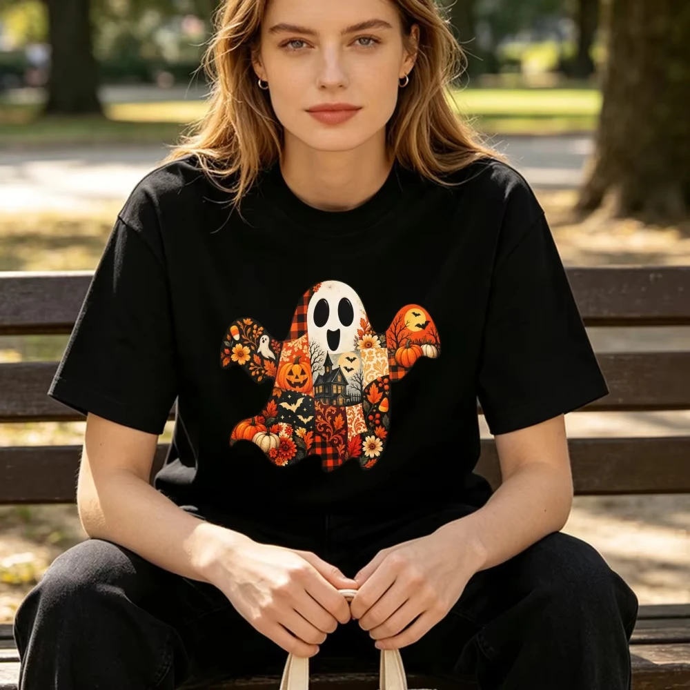 Patchwork Fall Ghost Unisex Tee Fashion Cotton Tops Quilted Halloween Streetwear Plaid Pumpkin Haunted House Detail Tshirt