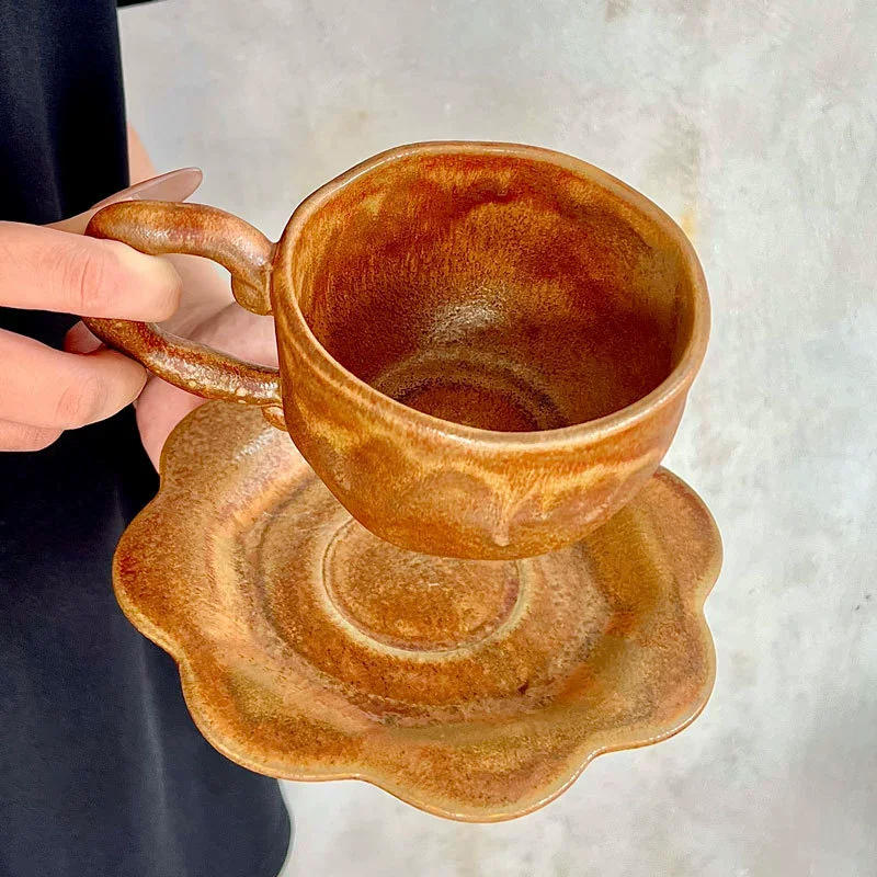 

300ML Creative Kiln Changes Mug and Dish Set Japanese Retro Ceramic Tea Cup Beverage Cup Household Latte Coffee Cup Water Cups