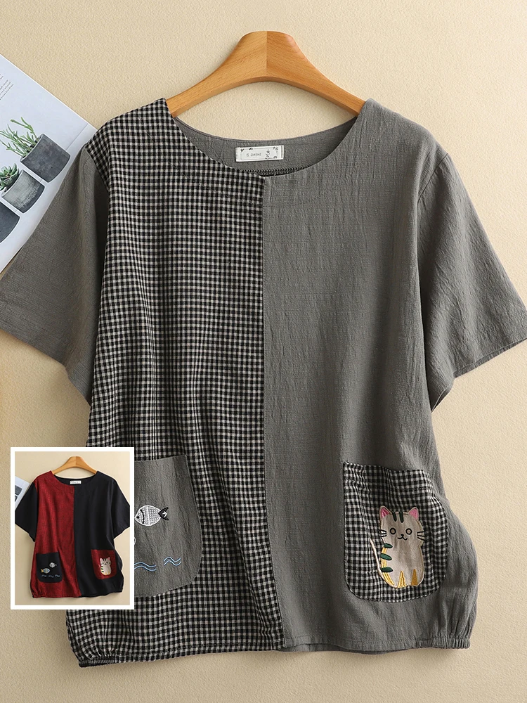 الرجعية التباين اللون المرقعة القطن الكتان ort Sve تي شيرت حجم كبير جولة Ne الكرتون التطريز المرأة الأعلى