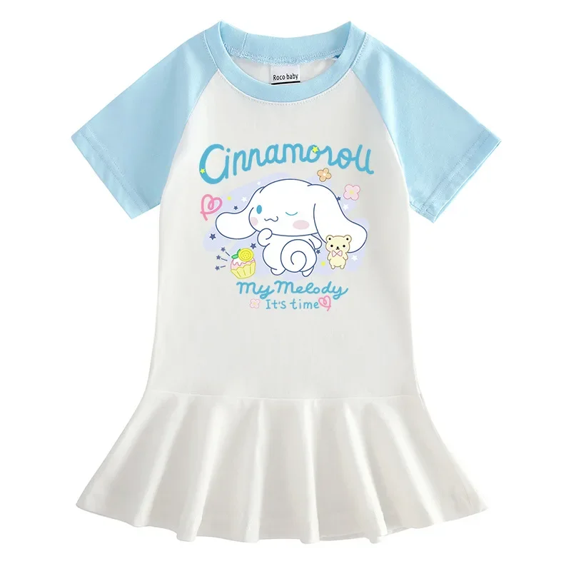 

New Sanrio Children's Summer ClothingCinnamoroll Cartoon Half Sleeved CuteGirls Dress Students Thin Cotton AnimePleated Skirt