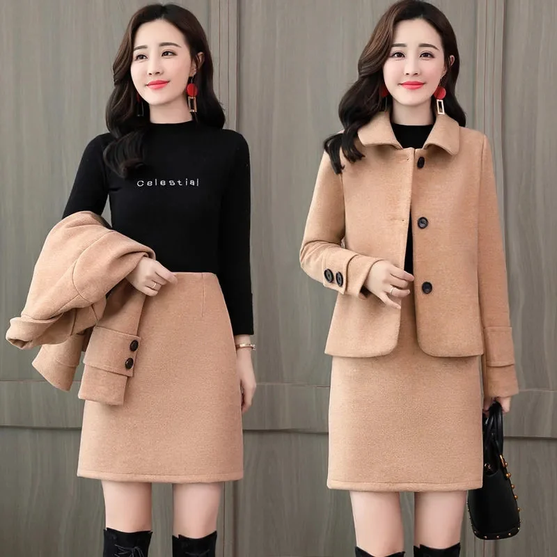 

Autumn Small Fragrant Wind Woolen Dress Autumn and Winter Two-Piece set 2023 New Korean Women's Fashion Set Skirt Solid Color ZS