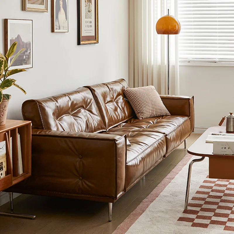 

Top layer cowhide sofa French vintage leather sofa small apartment brown inline row medieval style oil wax leather sofa