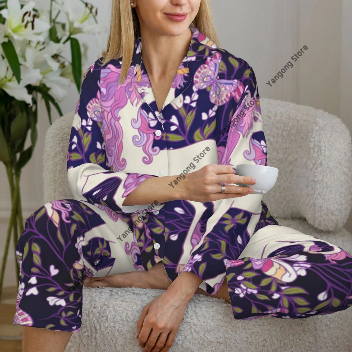 Women Sleepwear Pajamas Unicorn Roses And Butterflies Long Sleeve Pijama Female Set Negligee Cardigan Suit