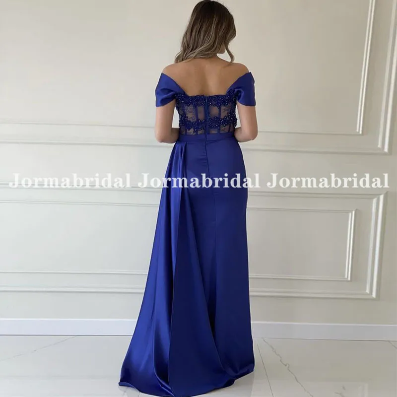 Customized Off the Shoulder Royal Blue Evening Dresses With Beaded Applique Sweetheart Neck Side Split Mermaid Long Party Dress