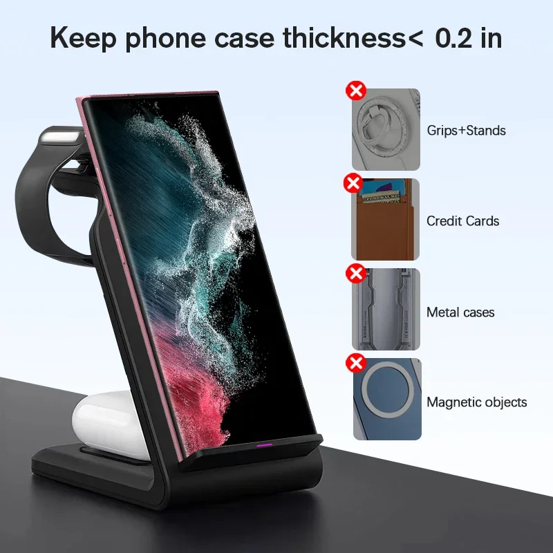 VIKEFON 3 in 1 Wireless Charger Stand For Samsung S24 S23 S22 Watch 8 7 6 5 4 Active 1 2 Galaxy Buds Fast Charging Station