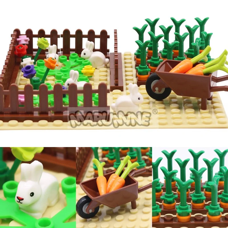 Marumine Farm Animals Building Blocks Set 48-109PCS DIY MOC Bricks with 16x16 Baseplate Rabbit Pumpkin Chicken Construction Kit