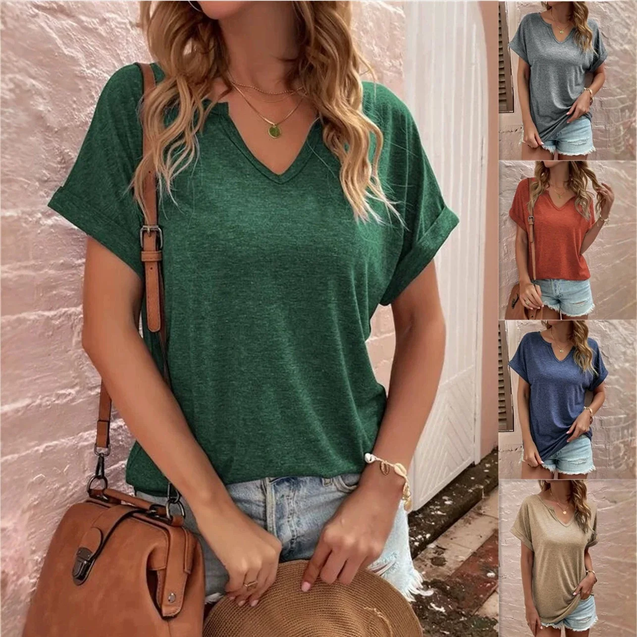 T shirt women 2026 fashion Fashion New solid-color corner-cut v neck loose short-sleeved T-shirt for women's clothing
