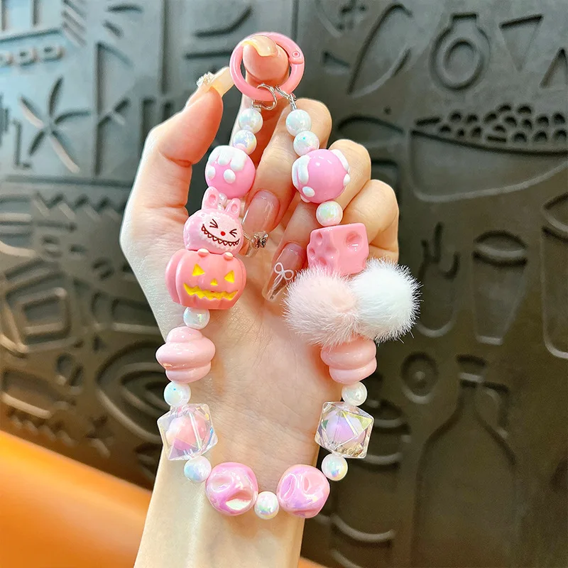 New Kawaii Labubu wool ball bead cell phone chain girls cartoon lanyard bag charm gift