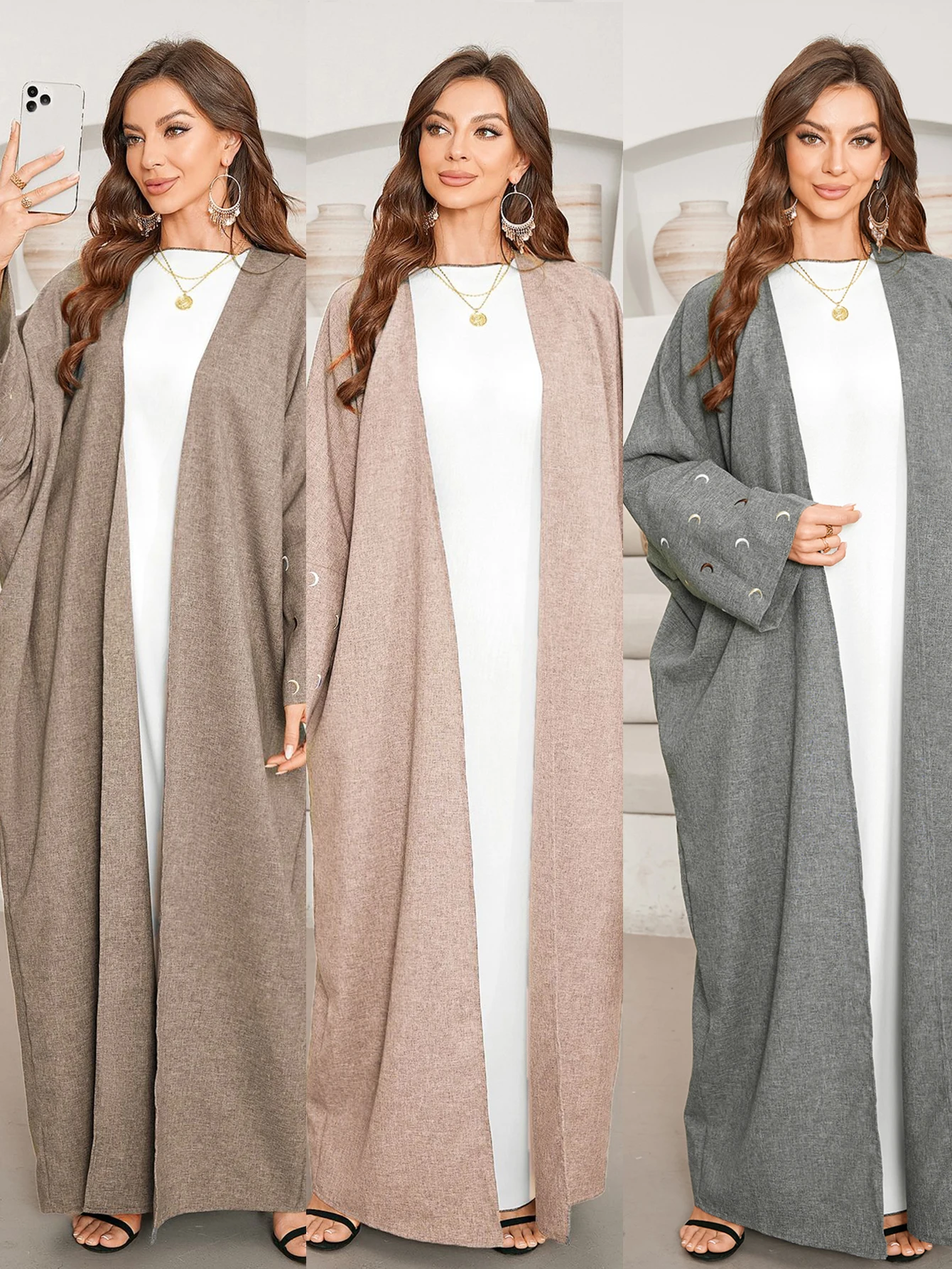 Muslim Abayas For Women Arab Ramandan Robe Eid Islamic Moon Embroidery Open Modest Abaya Dubai Kaftan Dress Musulmane Clothing