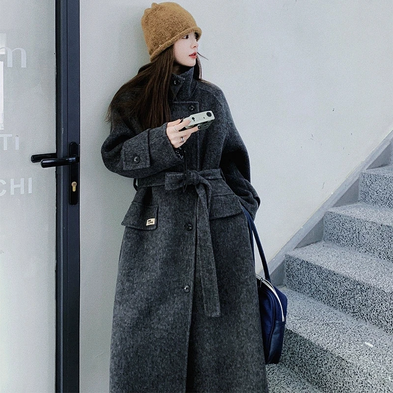 

Grey Double-sided cashmere Coat Women's Fashion Temperament Elegant Slim Thick wool Coats Female Winter With belt Long Overcoat