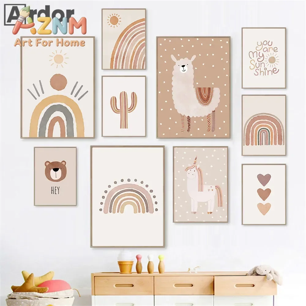 Sun Heart Rainbow Wall Art Poster Cactus Bear Alpaca Canvas Paintings Nursery Print Unicorn Posters Boho Picture Baby Room Decor